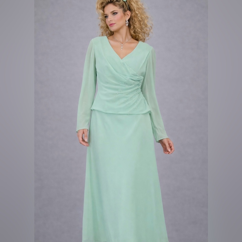 Y2k Alfred Angelo blouse & maxi skirt set formal  green beaded long sleeve vtg